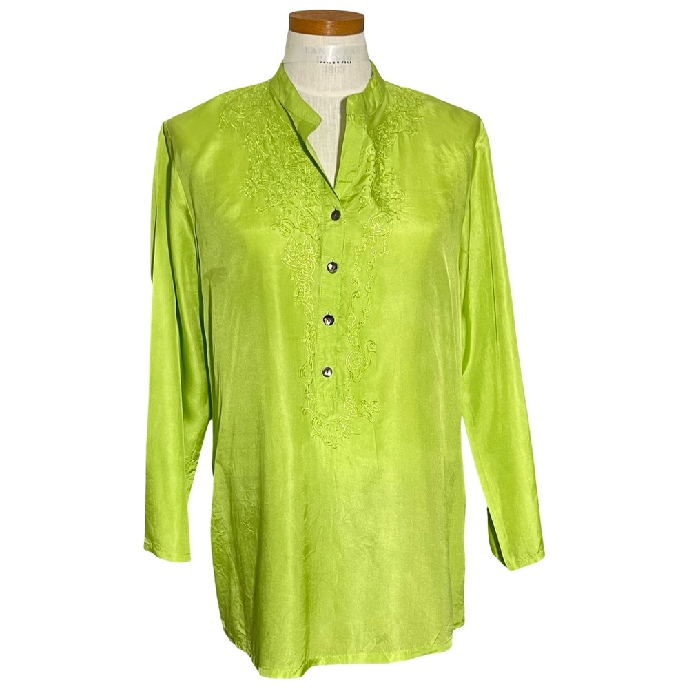 Chico’s Chartreuse Silk Embroidered Nehru Neckline Tunic Sz Med (Chico’s Sz 1)